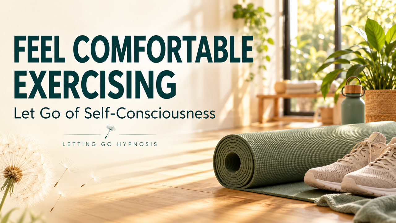 Sunlit exercise studio with a sage yoga mat and trainers, with the words Feel Comfortable Exercising.