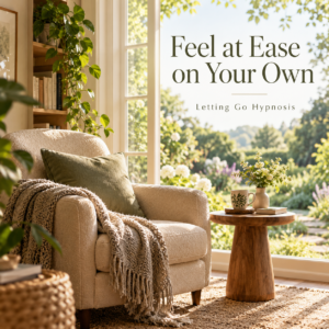 Feel at Ease on Your Own — Letting Go Hypnosis, with a comfortable armchair beside a sunlit garden window.