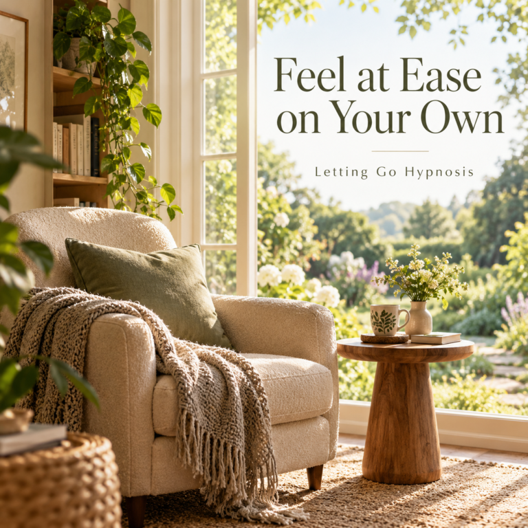 Feel at Ease on Your Own — Letting Go Hypnosis, with a comfortable armchair beside a sunlit garden window.