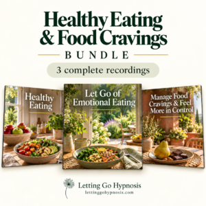 Healthy Eating and Food Cravings bundle with three covers for Healthy Eating, Let Go of Emotional Eating, and Manage Food Cravings & Feel More in Control, in cream, green and gold.