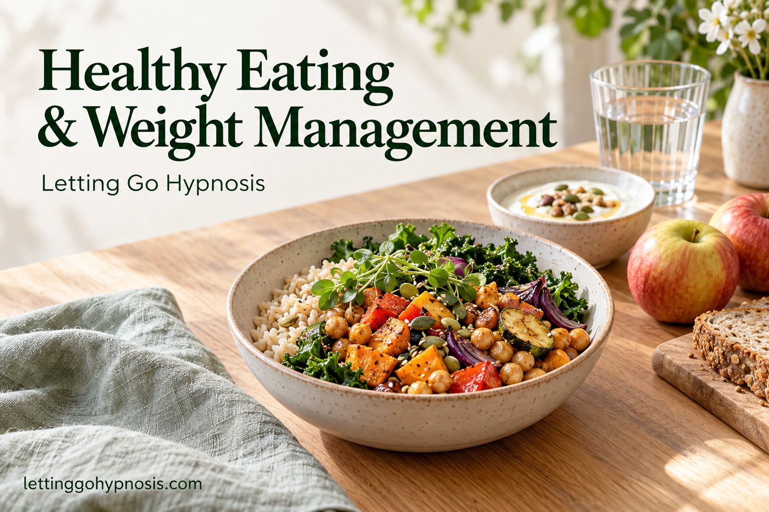 A bowl of vegetables, chickpeas and rice beside fruit, wholegrain bread and water, with the title Healthy Eating & Weight Management.