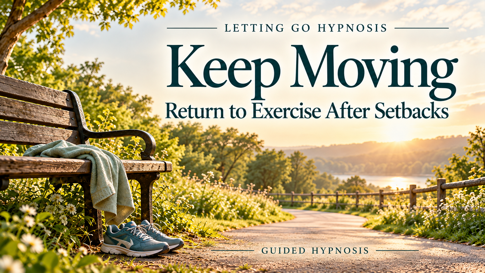 Keep Moving: Return to Exercise After Setbacks, with trainers beside a bench on a sunlit park path.
