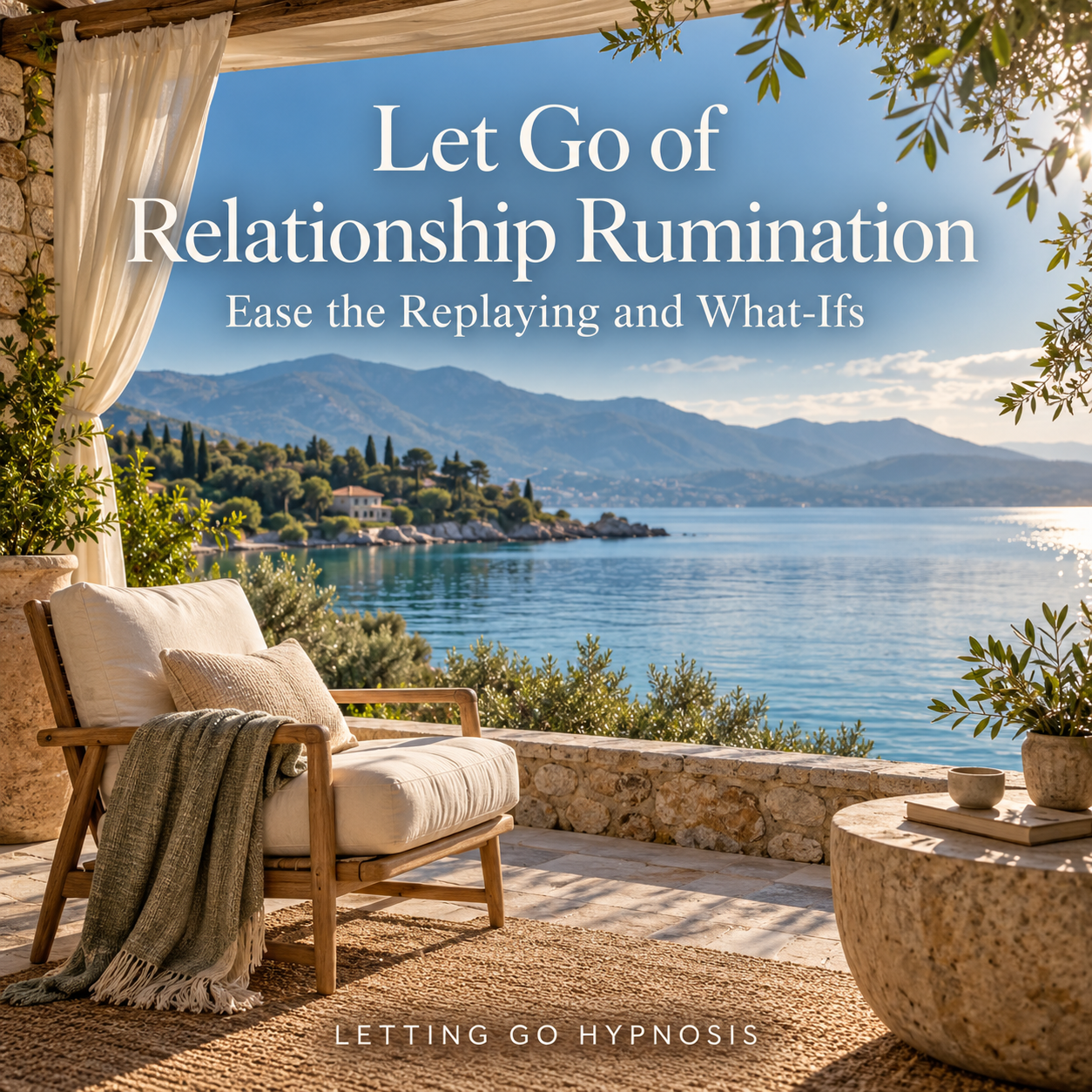 A peaceful terrace overlooking blue water, with the title Let Go of Relationship Rumination.