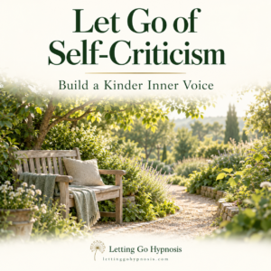 Let Go of Self-Criticism hypnosis recording cover with a peaceful garden bench, sunlit path and subtle dandelion branding.