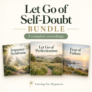 Let Go of Self-Doubt bundle featuring Imposter Syndrome, Let Go of Perfectionism and Fear of Failure recording covers with woodland, meadow and coastal scenery.