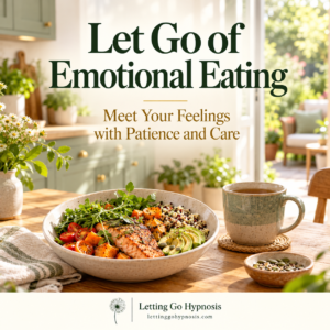 Let Go of Emotional Eating cover showing a nourishing meal in a calm sage-green kitchen, with a garden beyond and dandelion branding.