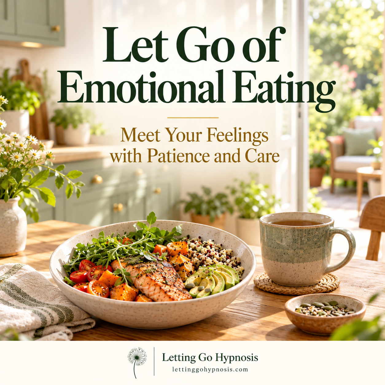 Let Go of Emotional Eating cover showing a nourishing meal in a calm sage-green kitchen, with a garden beyond and dandelion branding.