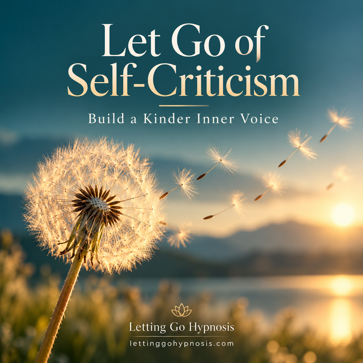 Let Go of Self-Criticism cover with a softly lit dandelion and Build a Kinder Inner Voice subtitle