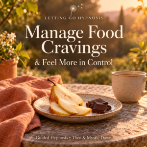 Manage Food Cravings & Feel More in Control cover, with pear and dark chocolate on a peaceful sunlit garden table in warm terracotta tones.