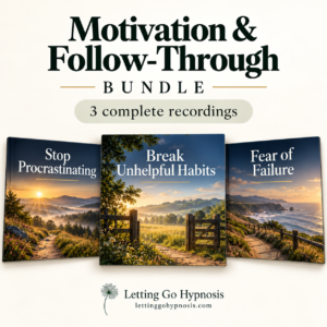 Motivation and Follow-Through bundle with Stop Procrastinating, Break Unhelpful Habits and Fear of Failure recording covers.