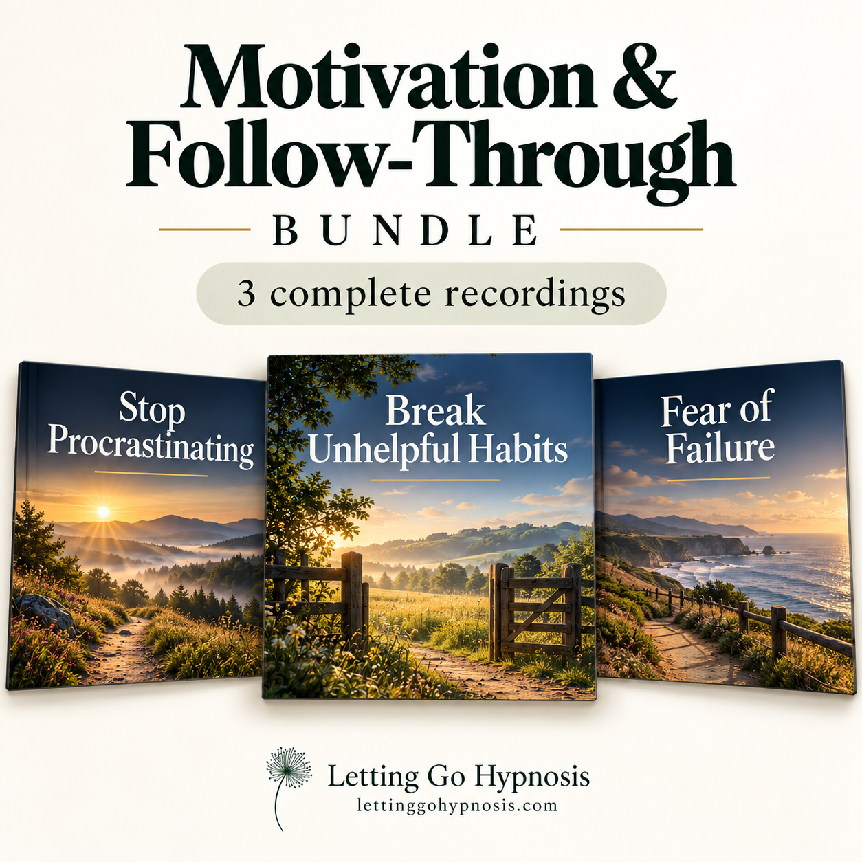 Motivation and Follow-Through bundle with Stop Procrastinating, Break Unhelpful Habits and Fear of Failure recording covers.