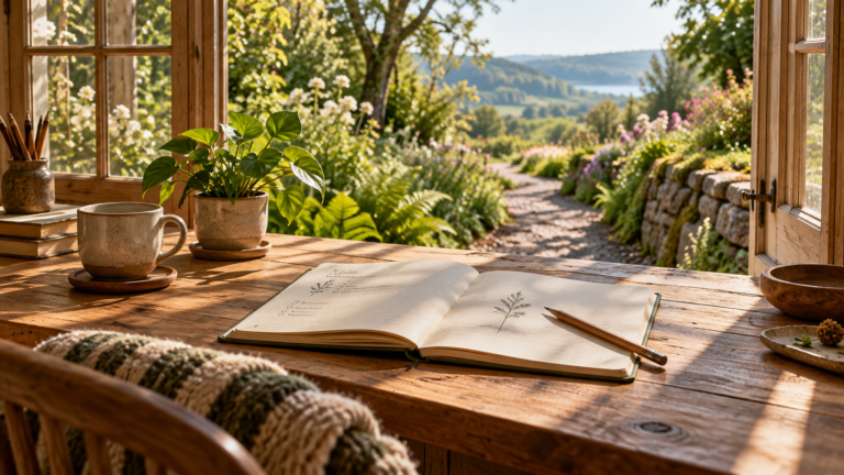 An open notebook and pencil on a sunlit wooden desk overlooking a peaceful garden path.