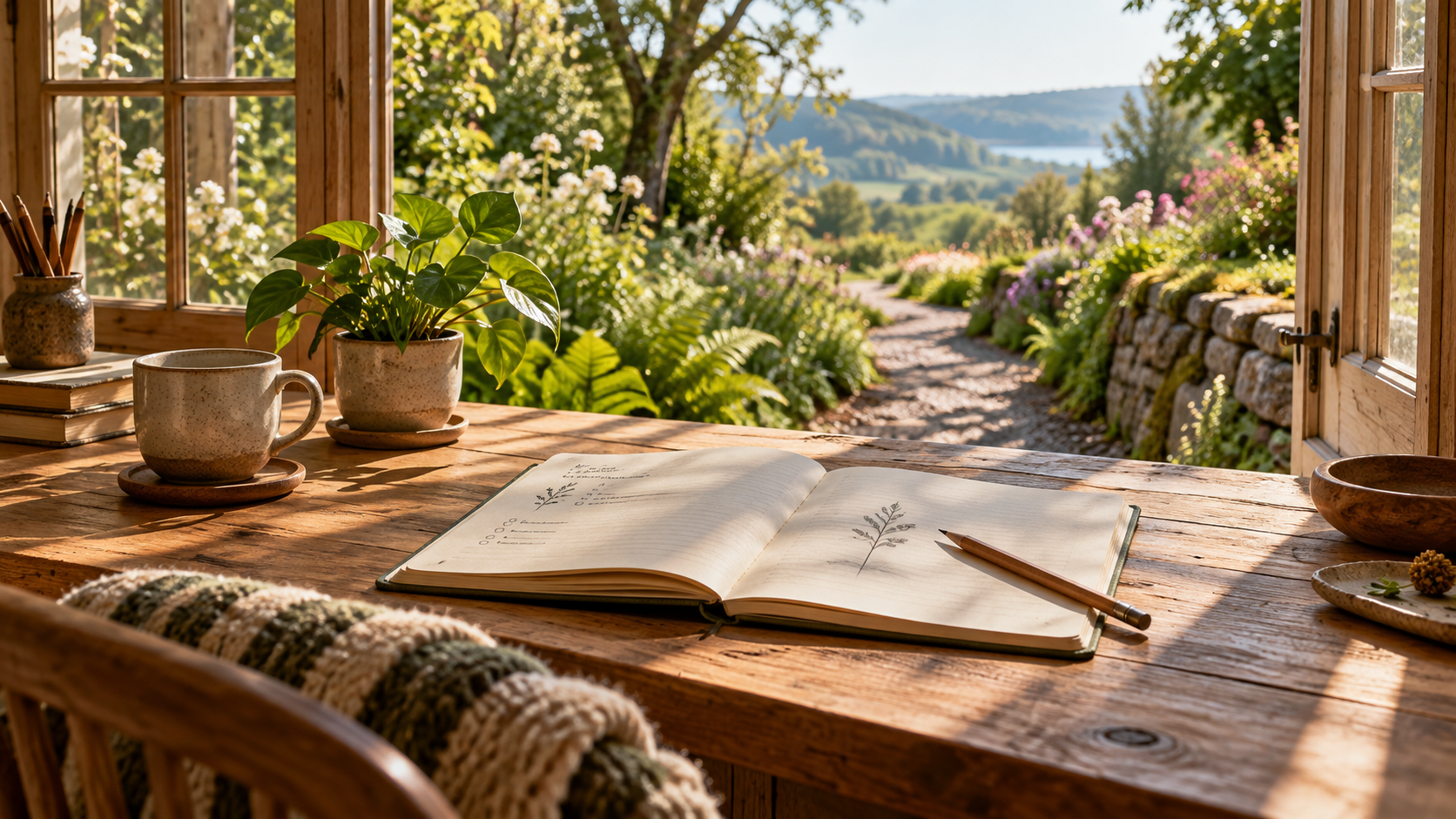 An open notebook and pencil on a sunlit wooden desk overlooking a peaceful garden path.
