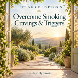 Overcome Smoking Cravings & Triggers guided hypnosis cover, with a sunlit garden doorway.