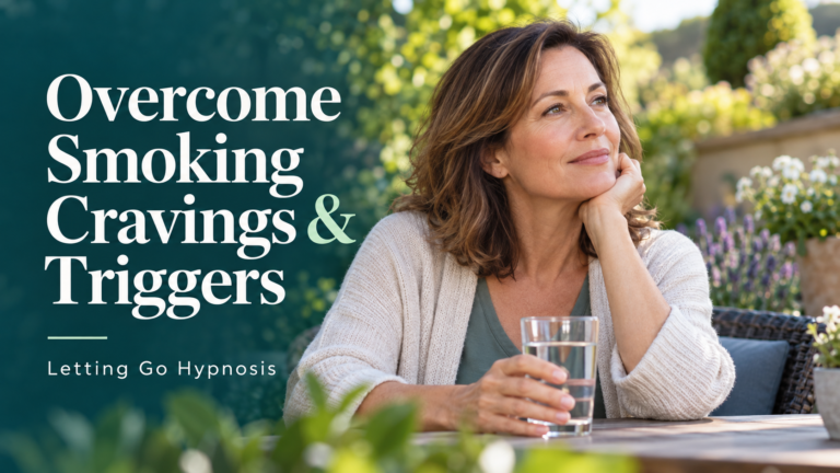 A woman taking a quiet break outdoors, beside the title Overcome Smoking Cravings & Triggers.