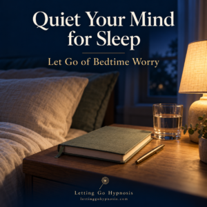 Quiet Your Mind for Sleep hypnosis cover with a closed bedside journal, warm lamplight and subtle dandelion branding.