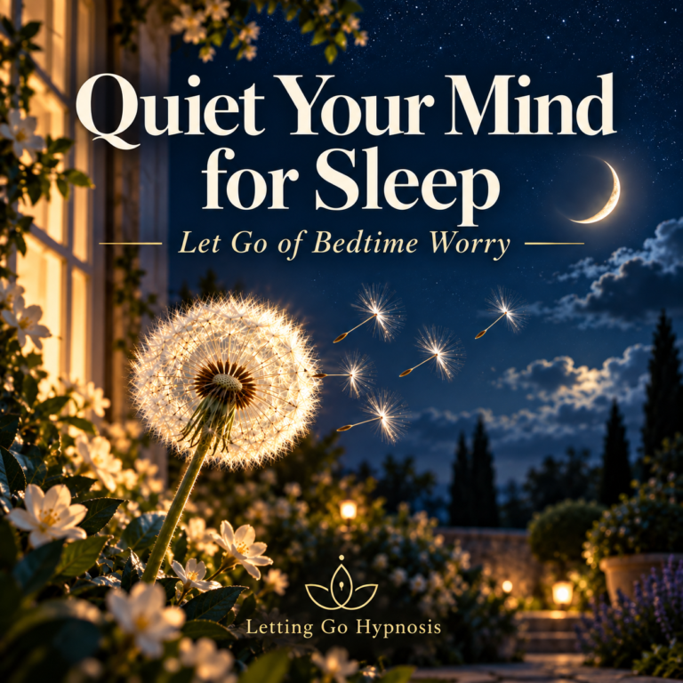 Quiet Your Mind for Sleep cover with a moonlit garden and golden dandelion