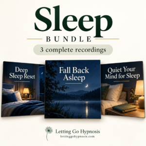 Sleep hypnosis bundle showing three distinct covers for Deep Sleep Reset, Fall Back Asleep and Quiet Your Mind for Sleep, with subtle dandelion branding.