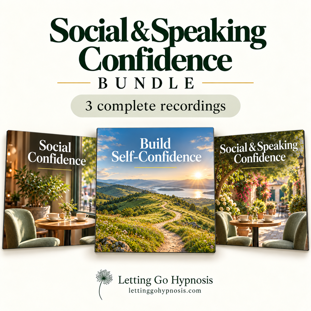 Social and Speaking Confidence bundle featuring Social Confidence, Build Self-Confidence and Social and Speaking Confidence, with matching cream, green and gold artwork and dandelion branding.