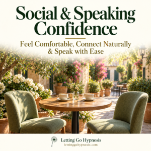 Social and Speaking Confidence hypnosis cover showing two sage chairs and a table in a peaceful sunlit courtyard, with cream, green and gold typography and dandelion branding.