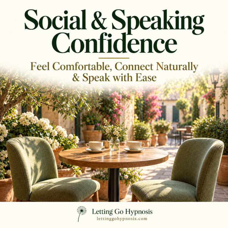 Social and Speaking Confidence hypnosis cover showing two sage chairs and a table in a peaceful sunlit courtyard, with cream, green and gold typography and dandelion branding.
