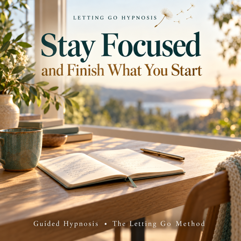 Stay Focused and Finish What You Start — Letting Go Hypnosis, with a sunlit writing table, open notebook and pen.