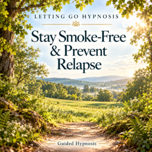 Stay Smoke-Free & Prevent Relapse guided hypnosis cover with a sunlit woodland path opening into a green landscape.