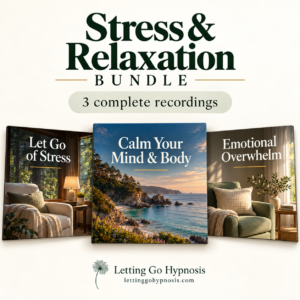 Stress and Relaxation bundle with Let Go of Stress, Calm Your Mind and Body and Emotional Overwhelm recording covers.