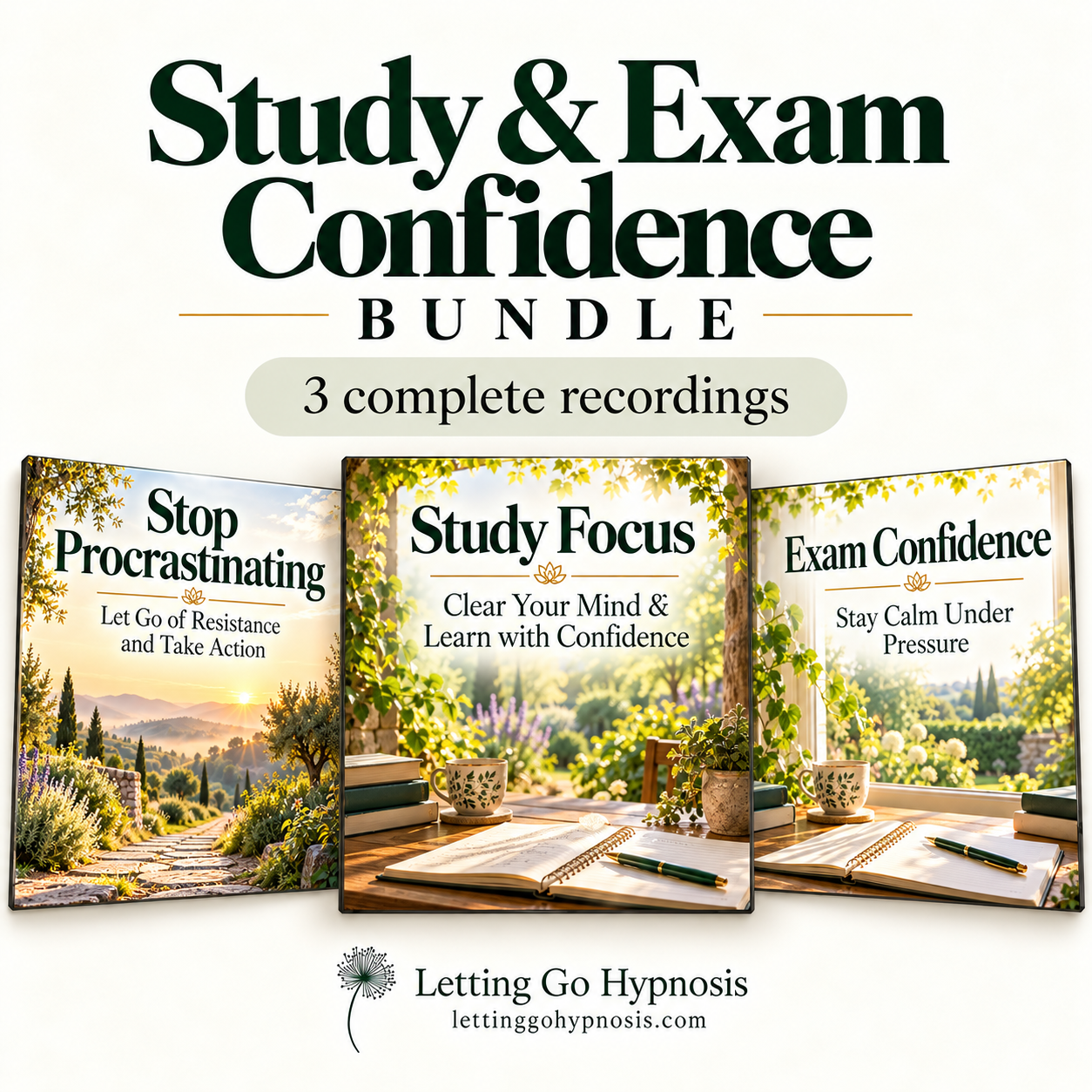 Study and Exam Confidence Bundle: Stop Procrastinating, Study Focus and Exam Confidence — three complete recordings.