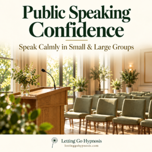 Public Speaking Confidence hypnosis cover showing an oak lectern, microphone and sage chairs in a peaceful sunlit presentation room, with cream, green and gold typography and dandelion branding.