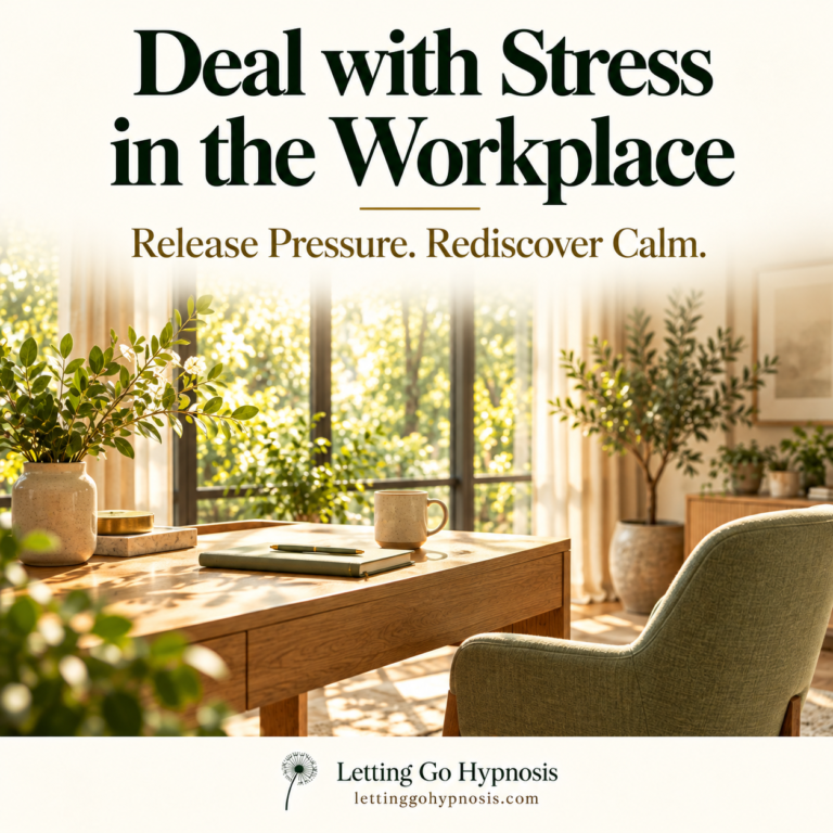 Deal with Stress in the Workplace hypnosis cover, with a sunlit oak desk, sage chair and cream, green and gold Letting Go Hypnosis branding.